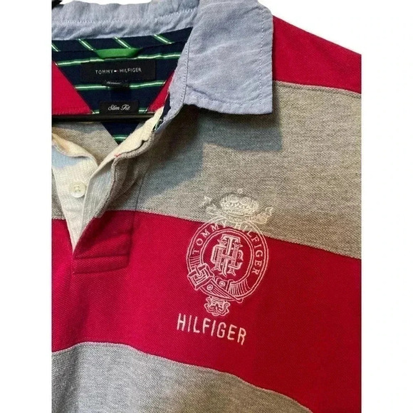 TOMMY HILFIGER SIZE LARGE POLO SHIRT RED AND GRAY STRIPES - Picture 2 of 5